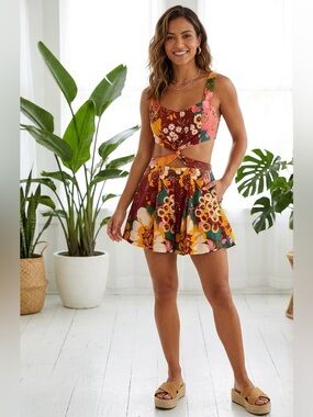 Farm Rio Mixed Floral Patchwork Cutout Romper Artsy Eclectic Vaca Resort wear